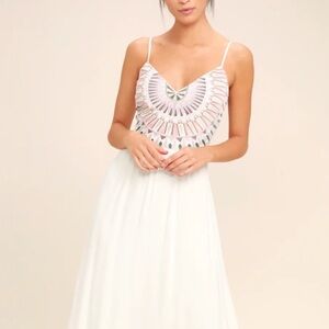 Embroidered White Maxi Sundress with Spaghetti Straps and V-Neckline